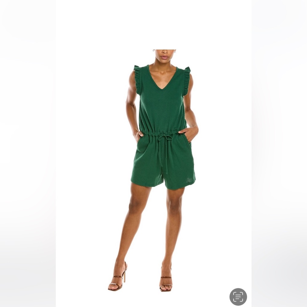 Crochet knit romper rain forest color textured fabric